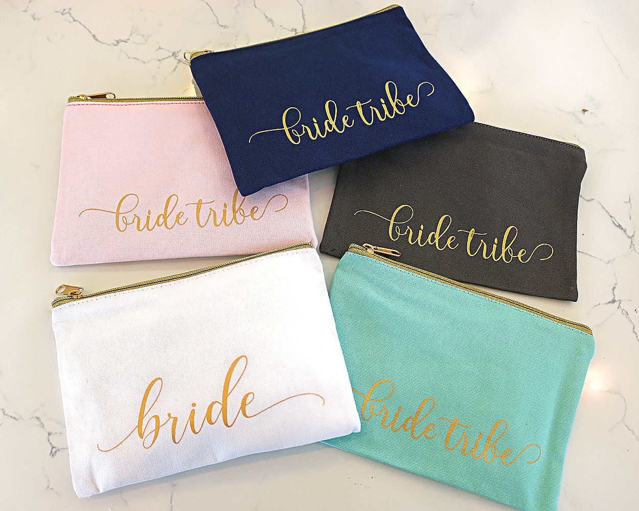 Bride Tribe Bridesmaid Canvas Makeup Bags Cosmetic Clutch (Turquoise) | 8 Piece Set