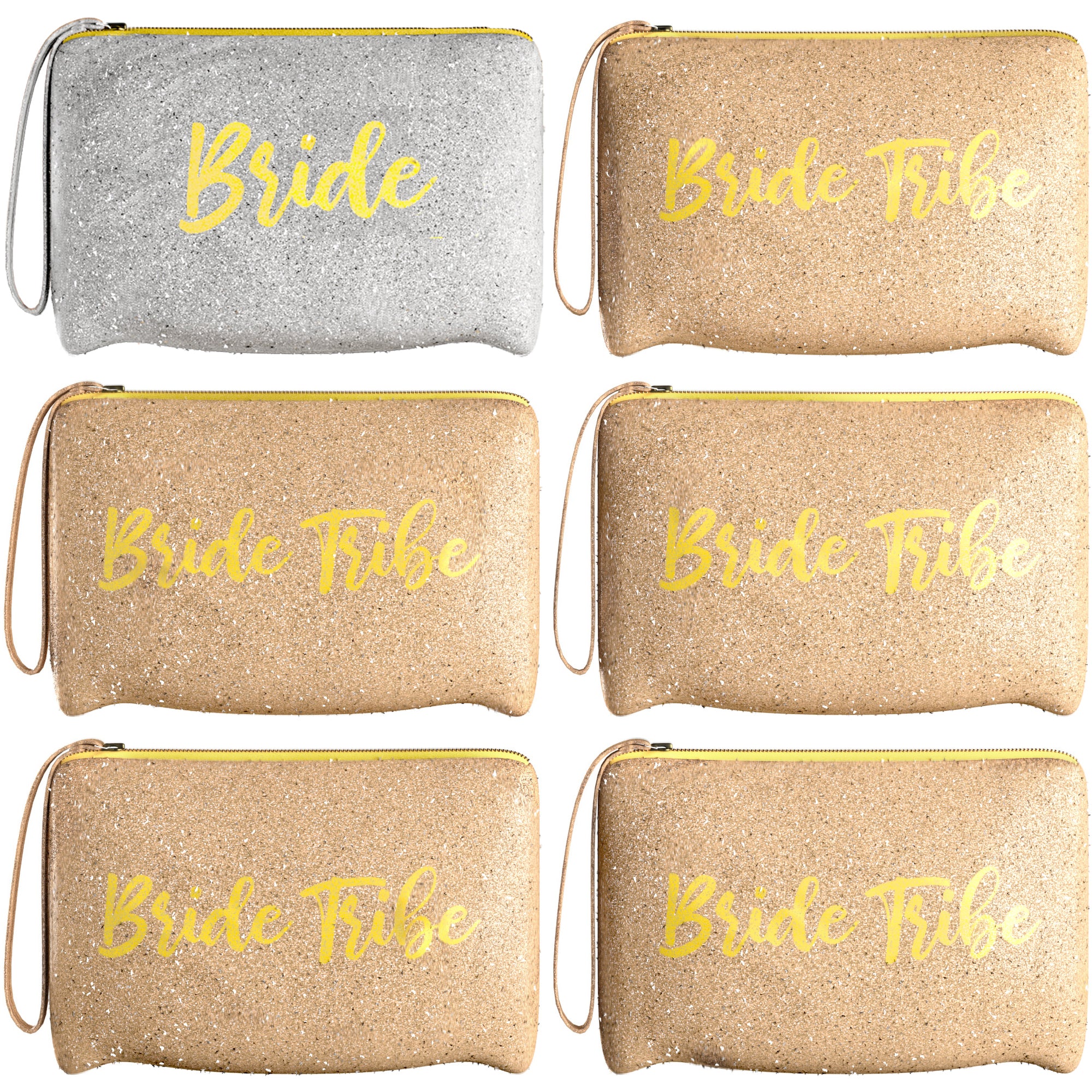 Bride Tribe Bridesmaid Canvas Cosmetic Makeup Clutch Rose Gold & Silver GLITTER | 6 Piece Set