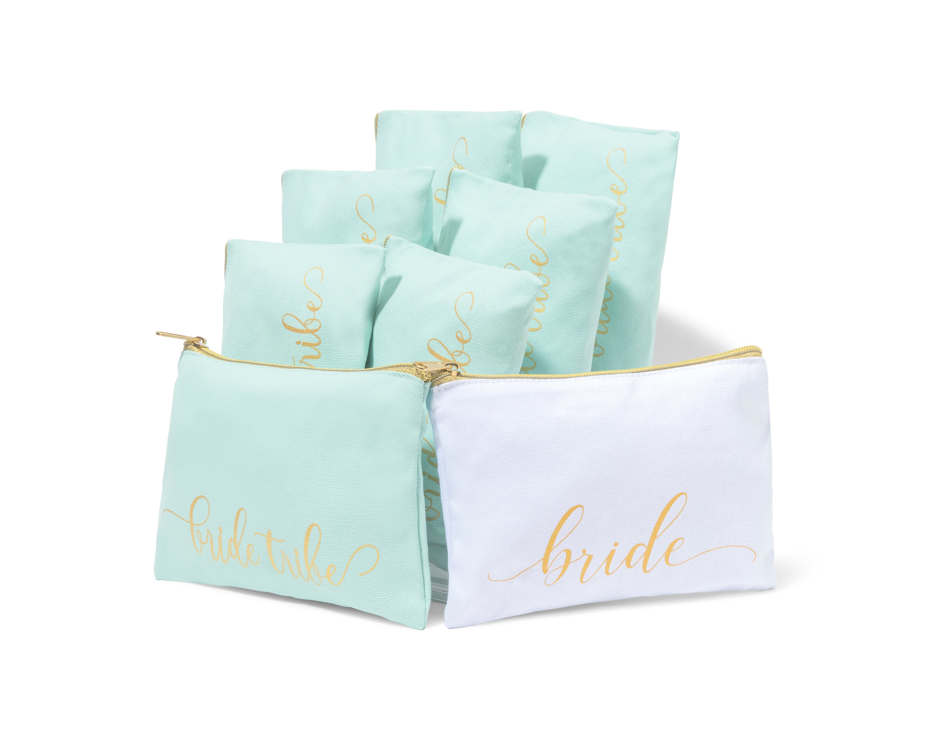 Bride Tribe Bridesmaid Canvas Makeup Bags Cosmetic Clutch (Turquoise) | 8 Piece Set