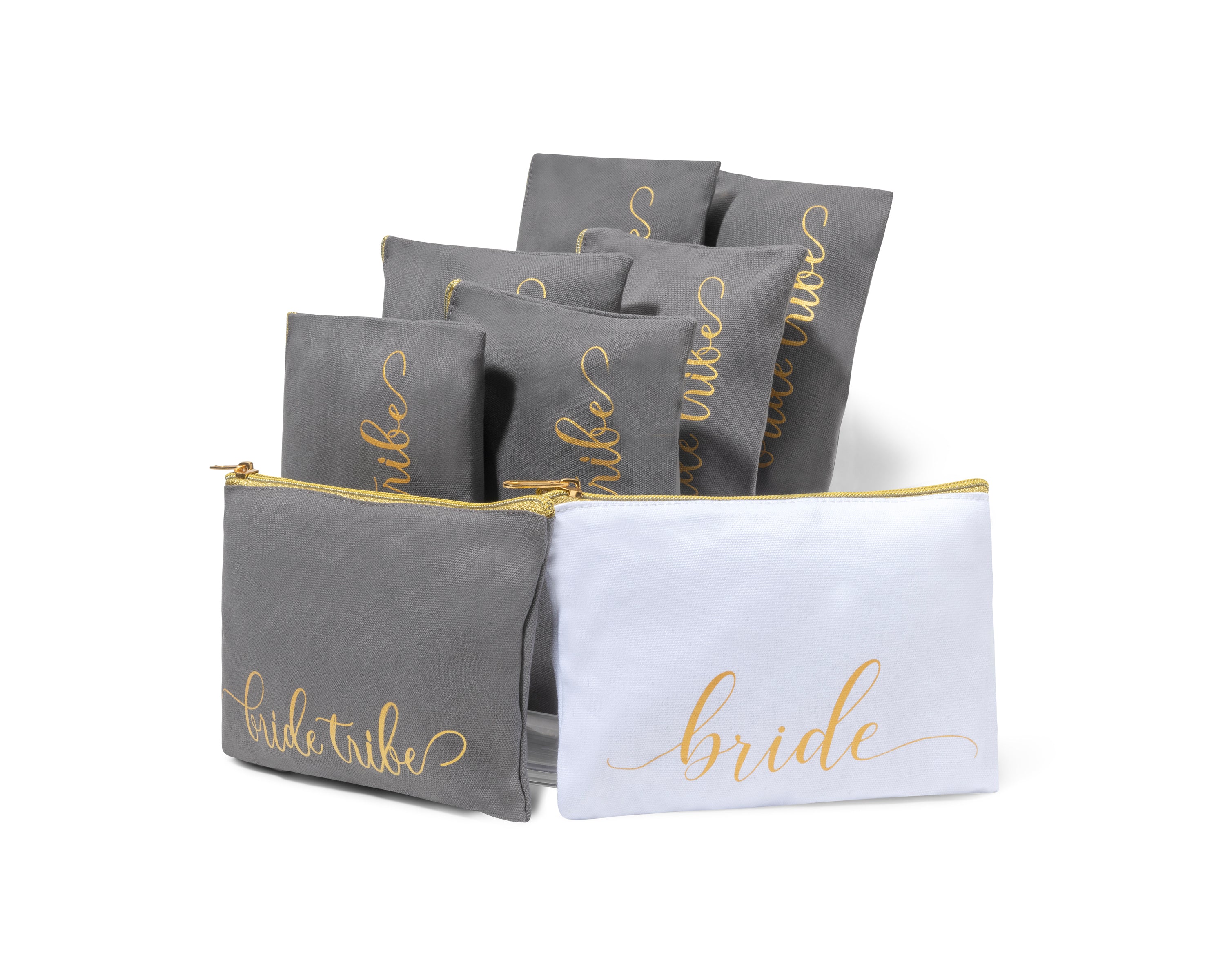 Bride Tribe Bridesmaid Canvas Makeup Bags Cosmetic Clutch & Purse (Charcoal) | 8 Piece Set
