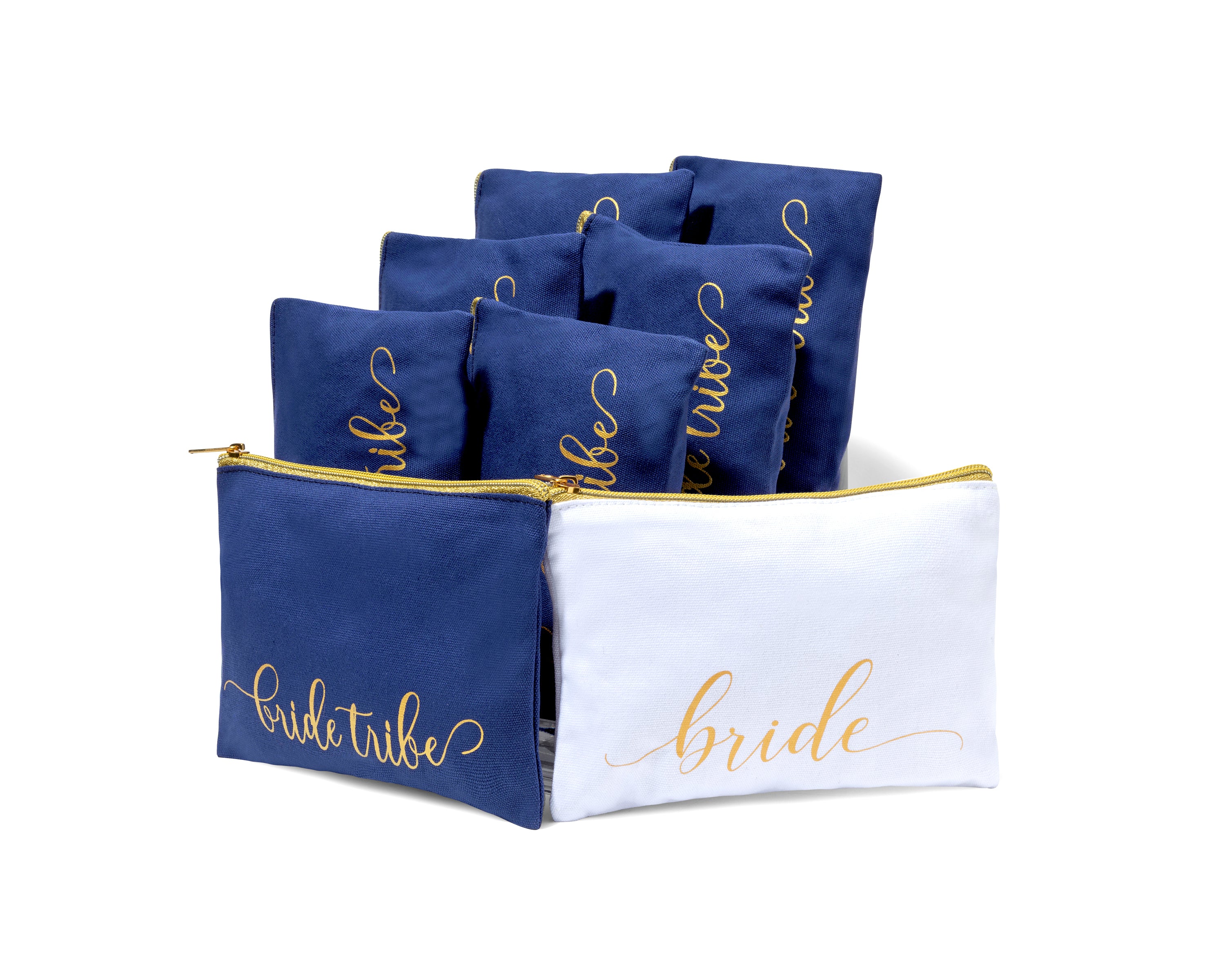 Bride Tribe Bridesmaid Canvas Makeup Bags Cosmetic Clutch (Navy Blue) | 8 Piece Set