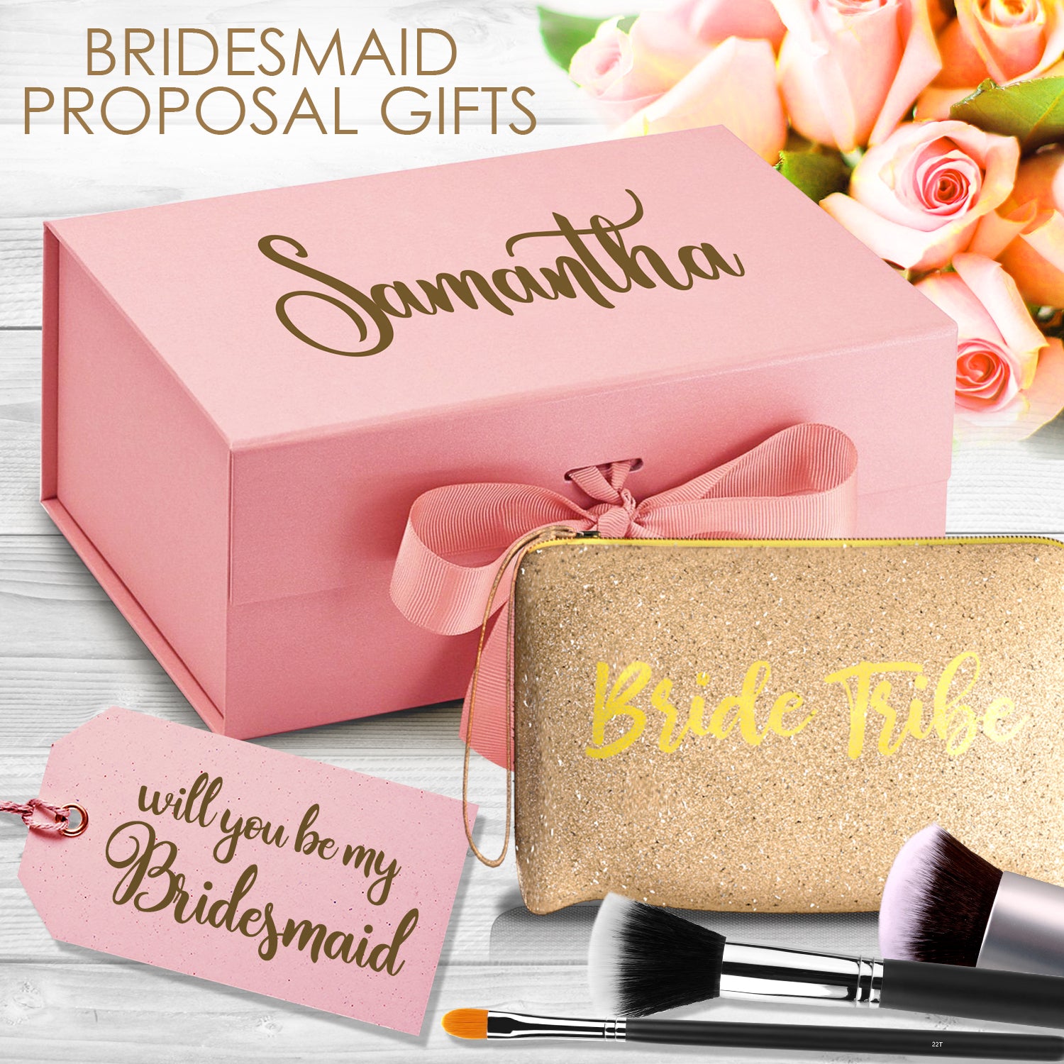 Bride Tribe Bridesmaid Canvas Cosmetic Makeup Clutch Rose Gold & Silver GLITTER | 6 Piece Set